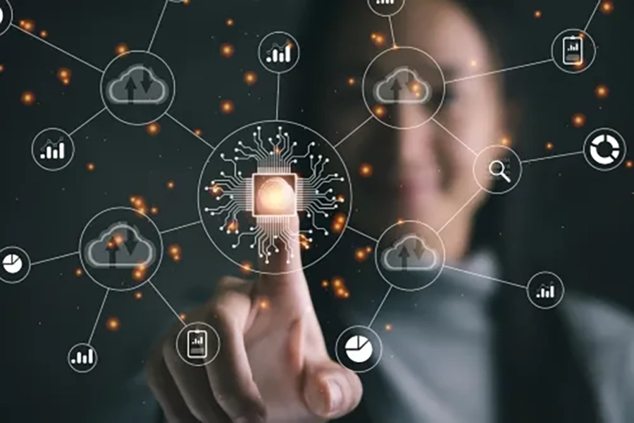 Illustration de consulting en stratégie et accompagnement d’entreprise, avec une femme utilisant une tablette et des graphiques de croissance.